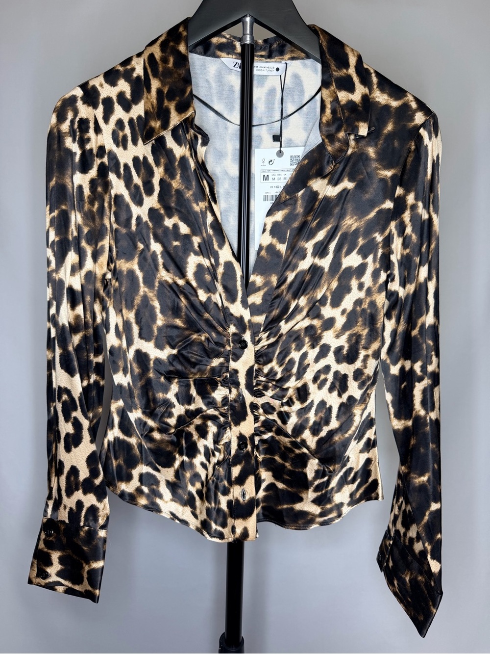Zara Leopard Print Satin Blouse in Black and Tan